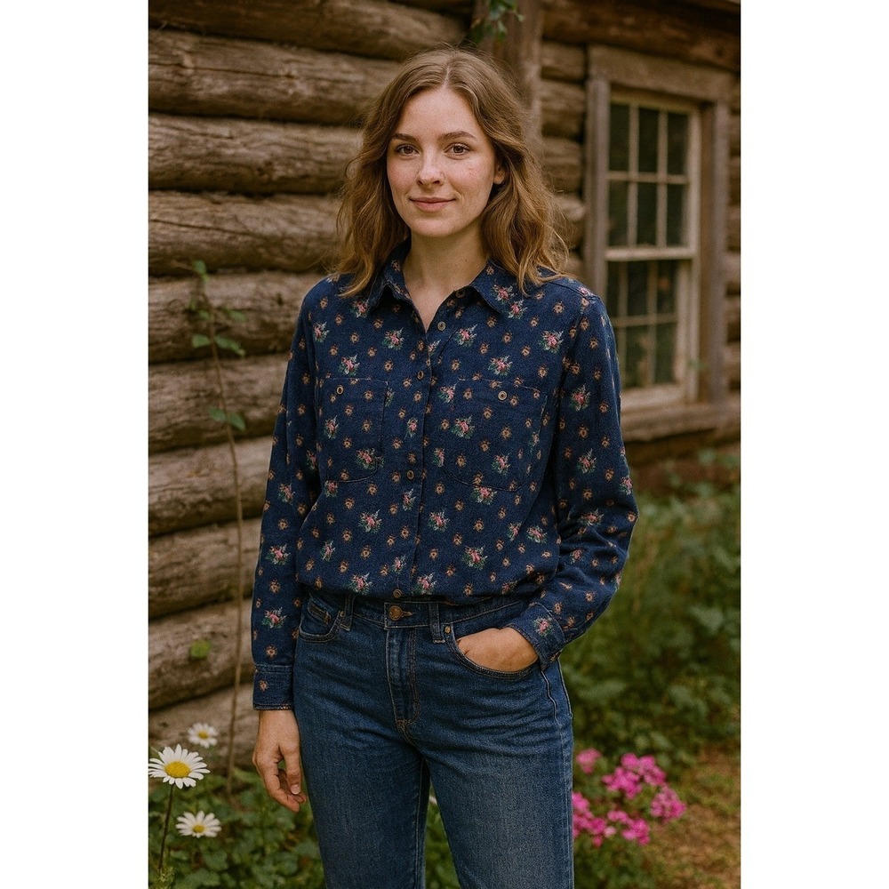 Vintage 90s Eddie Bauer M/L Floral Corduroy Shirt Long Sleeve Cabincore Cottage